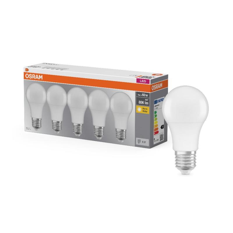 5er-Pack OSRAM LED Base Classic A 60 8W wie 60W 806lm 2700K Warmweiß 180° E27 matt